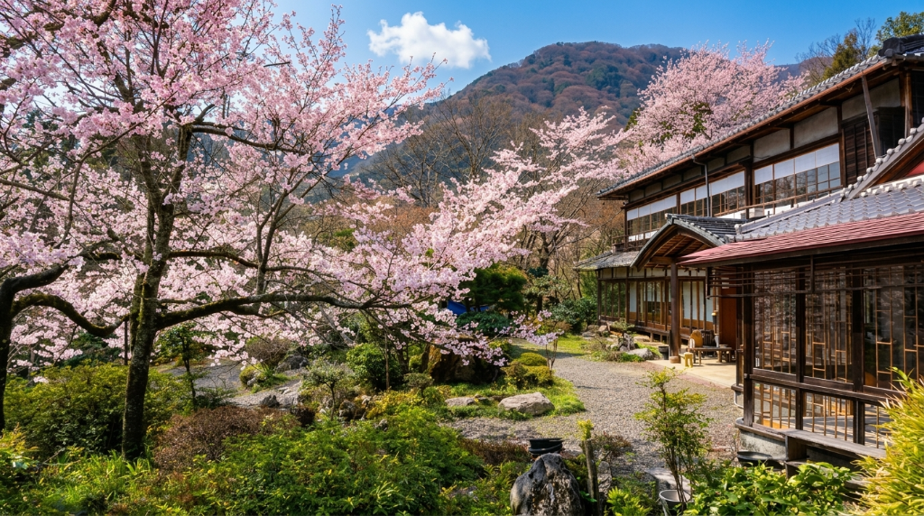 千歳楼の美しい日本庭園と桜